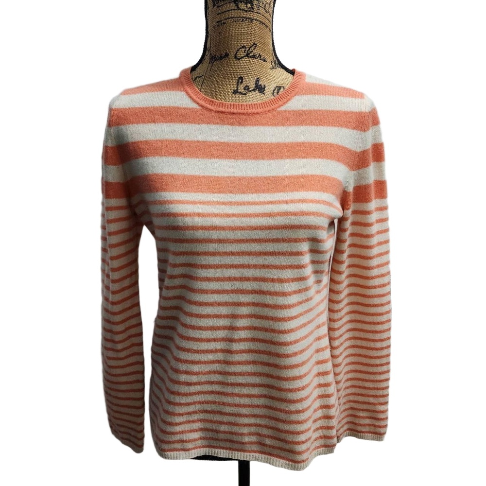 Lord And Taylor Sweater Womens Size Medium White Orange Striped Crew‎ Neck Cozy